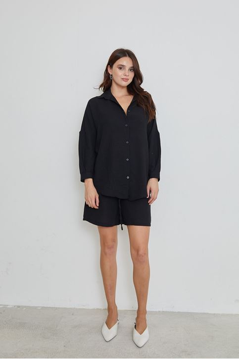 Kadın Salaş Rahat Kalıp Yazlık Keten Kumaş Gömlek Şort Takım Siyah