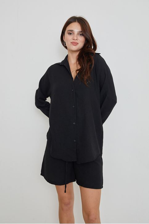 Kadın Salaş Rahat Kalıp Yazlık Keten Kumaş Gömlek Şort Takım Siyah