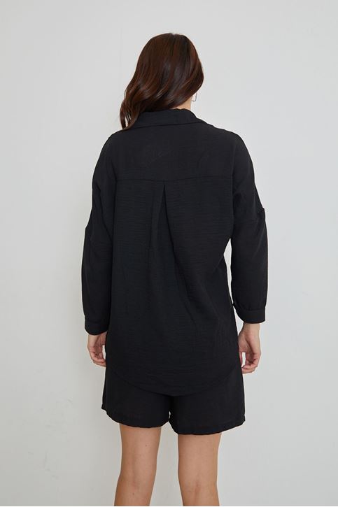 Kadın Salaş Rahat Kalıp Yazlık Keten Kumaş Gömlek Şort Takım Siyah