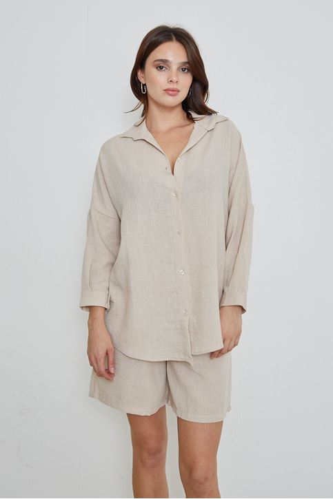 Kadın Salaş Rahat Kalıp Yazlık Keten Kumaş Gömlek Şort Takım Taş
