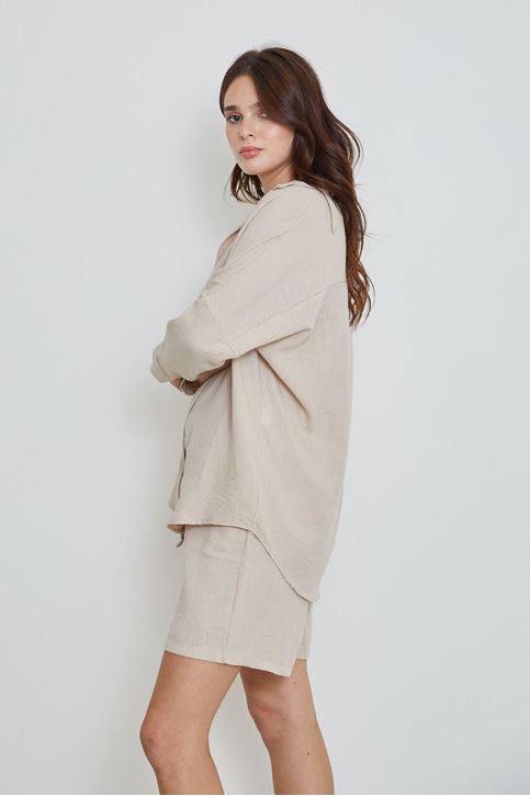 Kadın Salaş Rahat Kalıp Yazlık Keten Kumaş Gömlek Şort Takım Taş