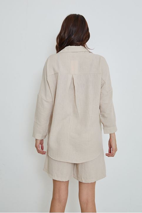 Kadın Salaş Rahat Kalıp Yazlık Keten Kumaş Gömlek Şort Takım Taş