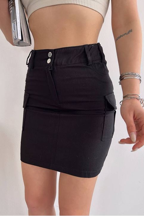 Kadın Metal Düğme Detaylı Kargo Cep Detaylı Yazlık Etek Siyah