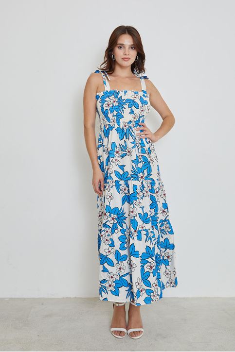 Kadın Etnik Desenli Yazlık Viskon İp Askılı Elbise Mavi