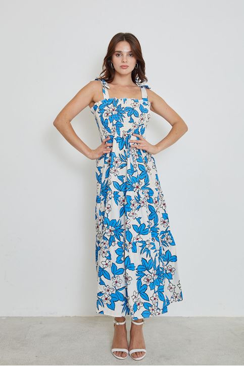 Kadın Etnik Desenli Yazlık Viskon İp Askılı Elbise Mavi