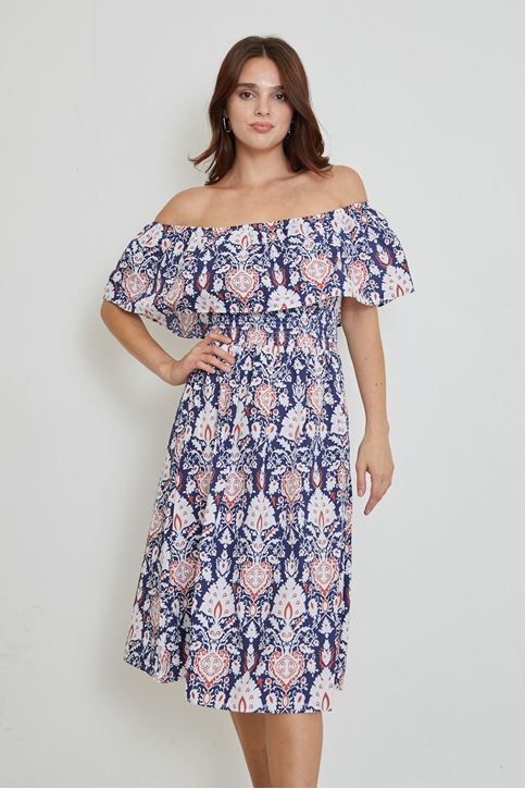 Kadın Lastikli Madonna Yaka Desenli Yazlık Viskon Elbise Lacivert