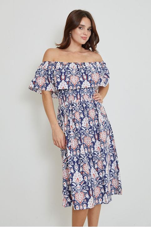 Kadın Lastikli Madonna Yaka Desenli Yazlık Viskon Elbise Lacivert