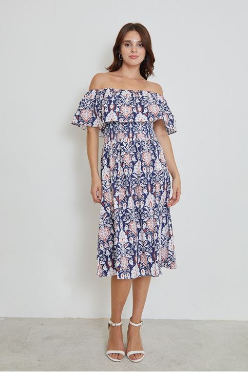 Kadın Lastikli Madonna Yaka Desenli Yazlık Viskon Elbise Lacivert