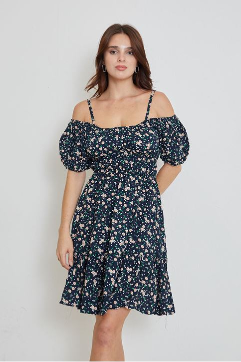 Kadın Papatya Çicek Desenli Askılı Ve Kol Detaylı Yazlı Midi Elbise Lacivert