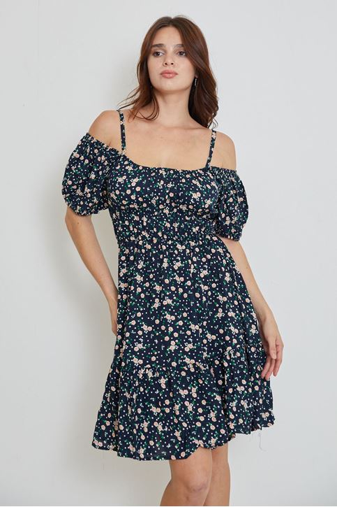 Kadın Papatya Çicek Desenli Askılı Ve Kol Detaylı Yazlı Midi Elbise Lacivert