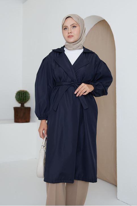 Kadın Belden Bağlamalı Siyah Balon Kol Trençkot Lacivert