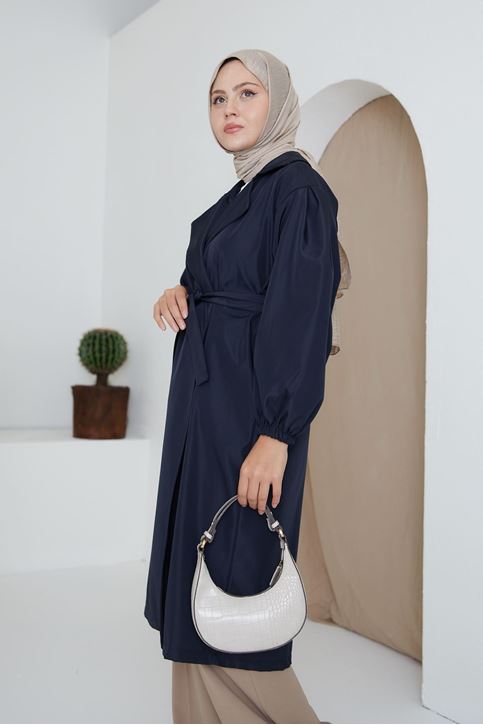 Kadın Belden Bağlamalı Siyah Balon Kol Trençkot Lacivert