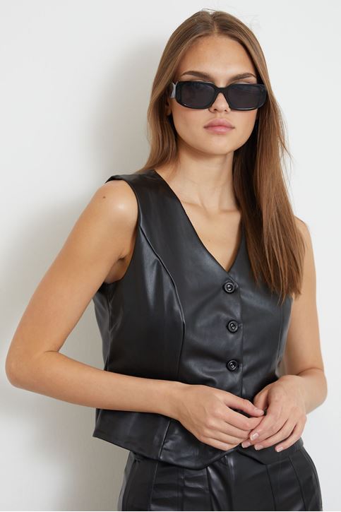 Düğmeli Deri Yelek-Siyah