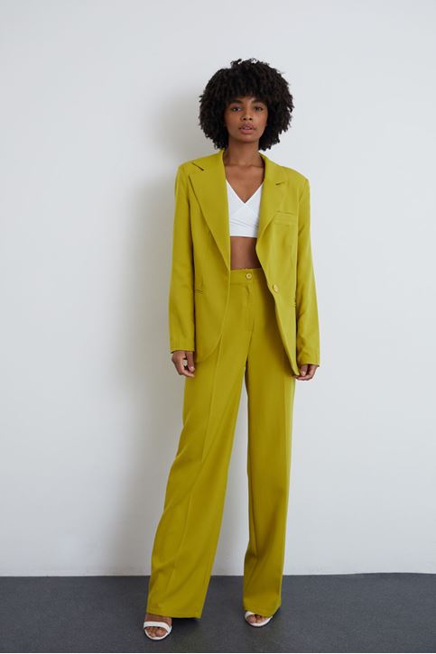 Kadın Tek Düğme Kapamalı Uzun Kol Cepli Retro Ceket Palazzo Pantolon Takım YAĞ YEŞİLİ