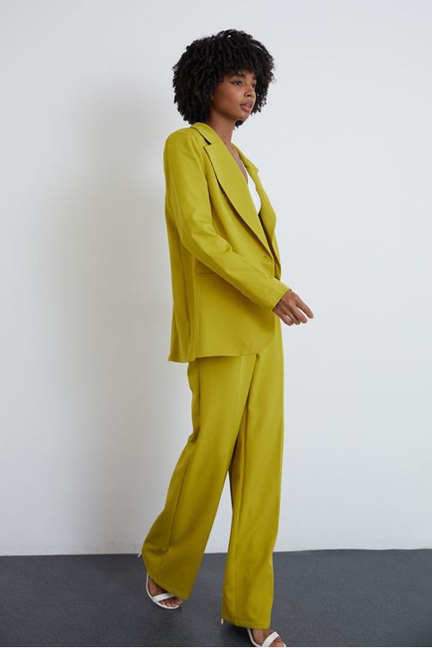 Kadın Tek Düğme Kapamalı Uzun Kol Cepli Retro Ceket Palazzo Pantolon Takım YAĞ YEŞİLİ