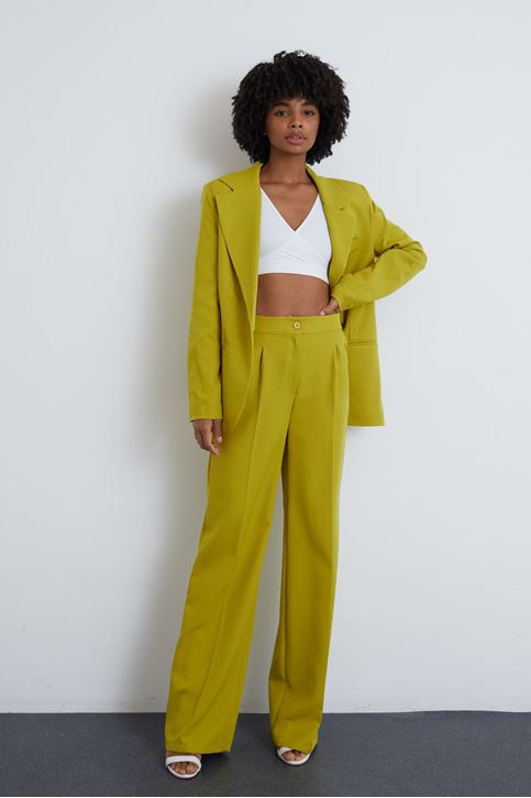 Kadın Tek Düğme Kapamalı Uzun Kol Cepli Retro Ceket Palazzo Pantolon Takım YAĞ YEŞİLİ