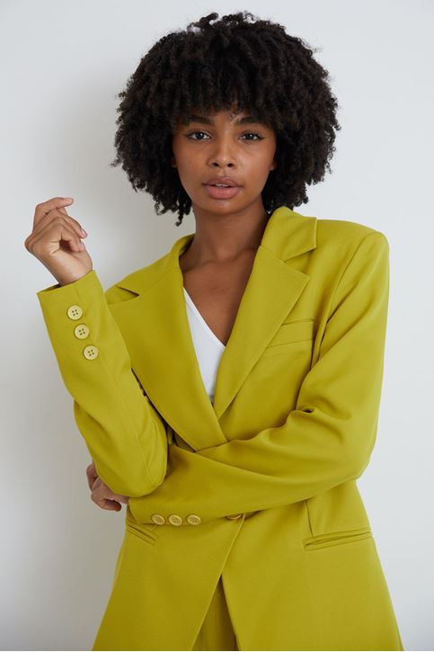 Kadın Tek Düğme Kapamalı Uzun Kol Cepli Retro Ceket Palazzo Pantolon Takım YAĞ YEŞİLİ