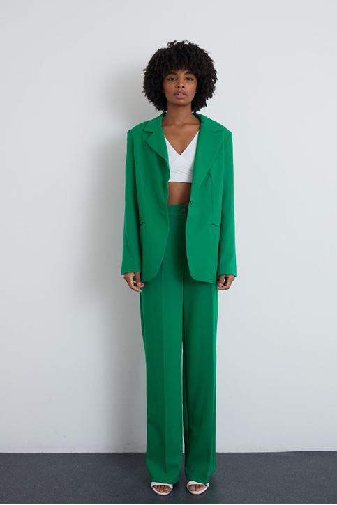 Kadın Tek Düğme Kapamalı Uzun Kol Cepli Retro Ceket Palazzo Pantolon Takım Açık Yeşil