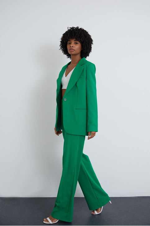 Kadın Tek Düğme Kapamalı Uzun Kol Cepli Retro Ceket Palazzo Pantolon Takım Açık Yeşil