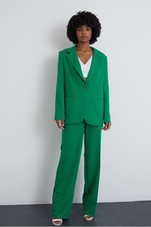 Kadın Tek Düğme Kapamalı Uzun Kol Cepli Retro Ceket Palazzo Pantolon Takım Açık Yeşil