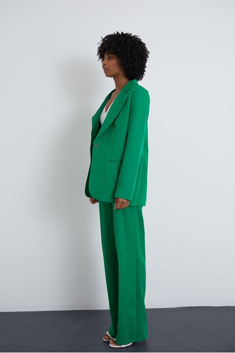 Kadın Tek Düğme Kapamalı Uzun Kol Cepli Retro Ceket Palazzo Pantolon Takım Açık Yeşil