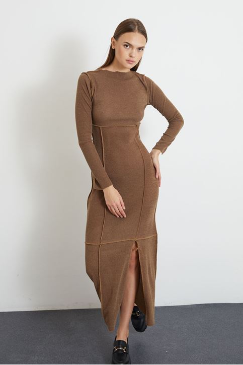 Kadın Dikiş Detaylı Eteği Yırtmaçlı Uzun Triko Elbise Hardal