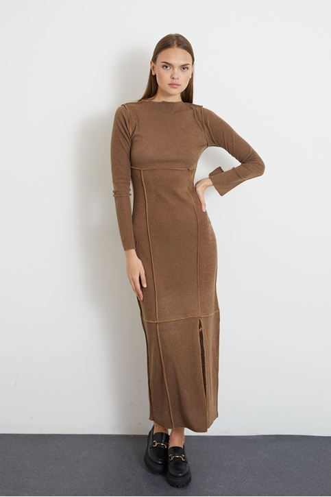 Kadın Dikiş Detaylı Eteği Yırtmaçlı Uzun Triko Elbise Hardal