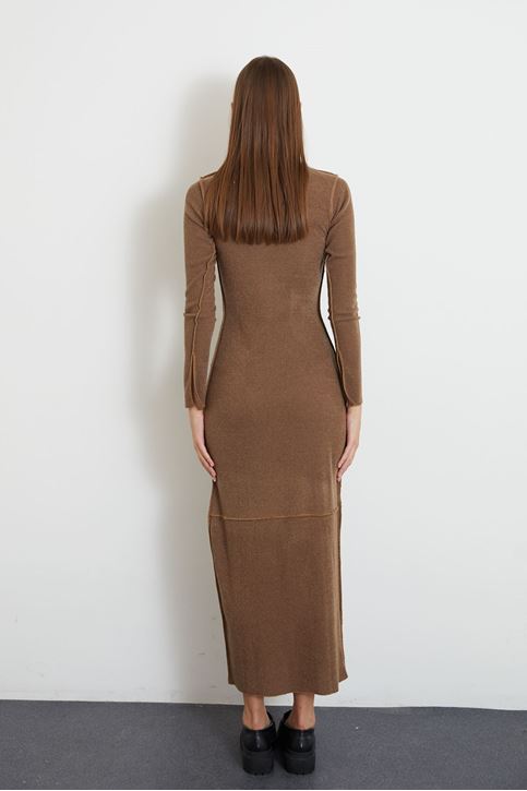 Kadın Dikiş Detaylı Eteği Yırtmaçlı Uzun Triko Elbise Hardal