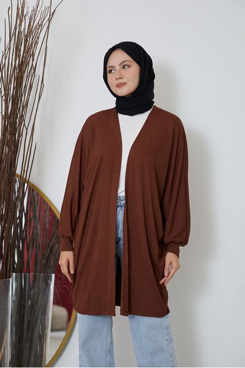 Kadın Yarasa Kol Detaylı Salaş İnce Yazlık Giy Çık Tesettür Hırka-Kahve