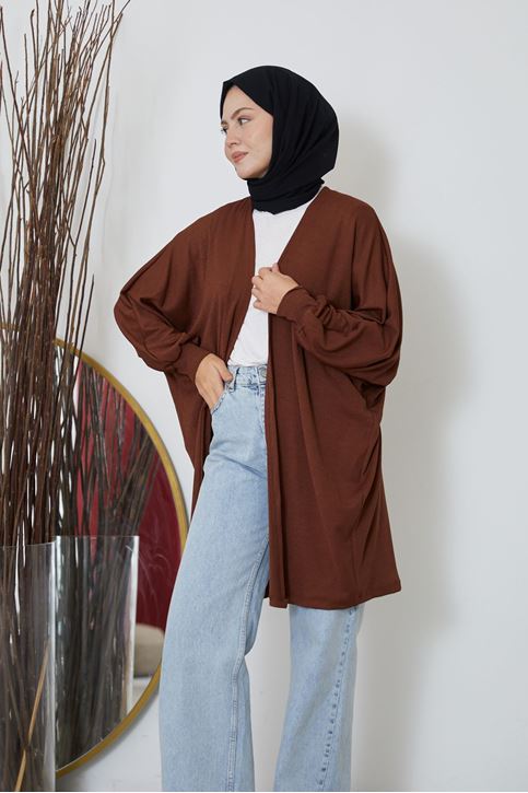 Kadın Yarasa Kol Detaylı Salaş İnce Yazlık Giy Çık Tesettür Hırka-Kahve