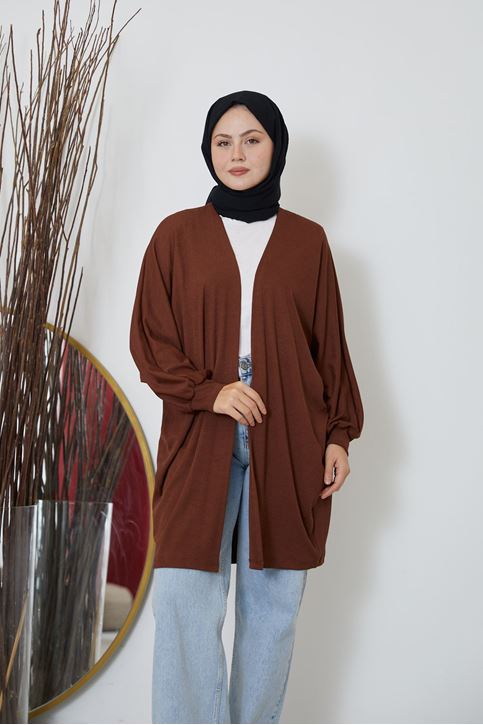Kadın Yarasa Kol Detaylı Salaş İnce Yazlık Giy Çık Tesettür Hırka-Kahve