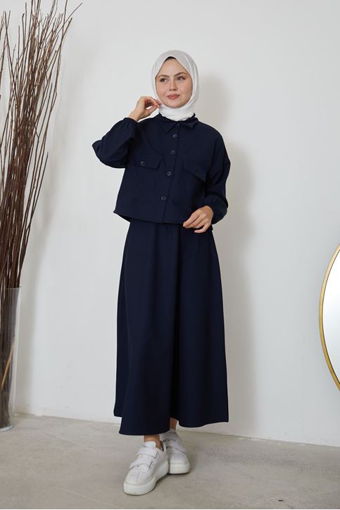Kadın Önü Çift Cepli Kapak Detaylı Düğmeli Tunik Etek Tesettür Takım-Lacivert