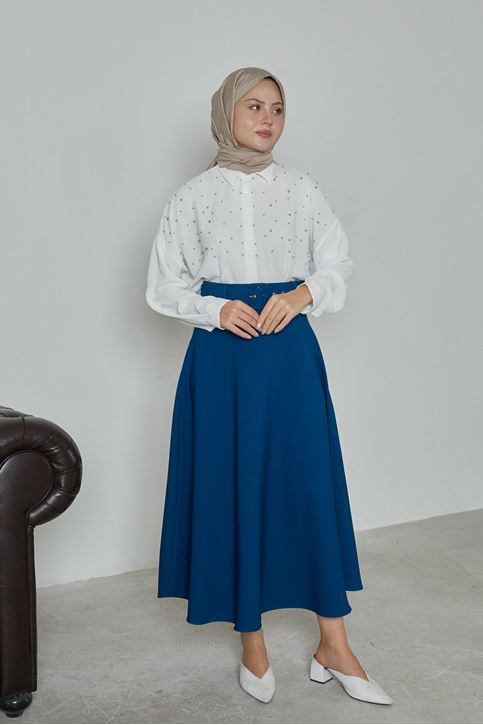 Kadın Kemerli Kloş Uzun Tesettür Etek İndigo