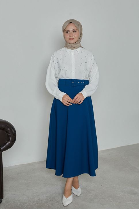 Kadın Kemerli Kloş Uzun Tesettür Etek İndigo