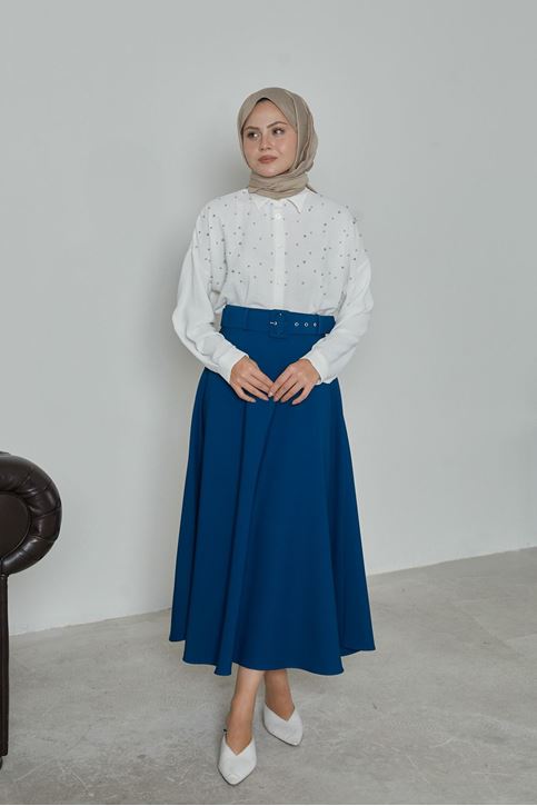 Kadın Kemerli Kloş Uzun Tesettür Etek İndigo