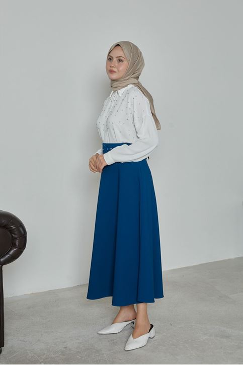 Kadın Kemerli Kloş Uzun Tesettür Etek İndigo