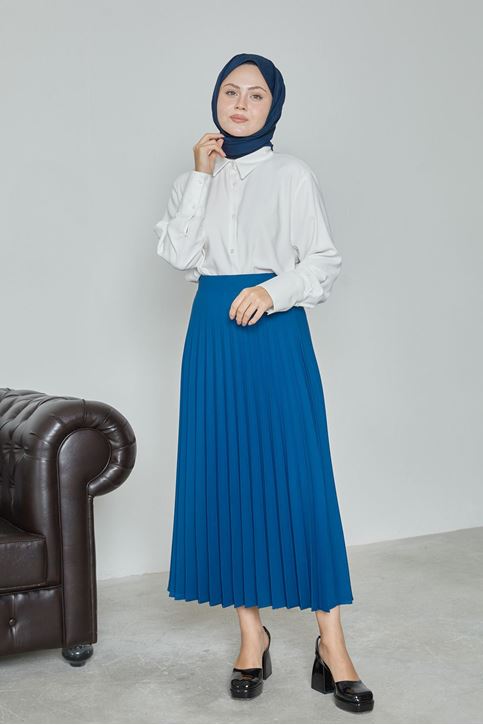 Kadın Soley Pilise Detaylı Yazlık Uzun Tesettür Etek-İndigo
