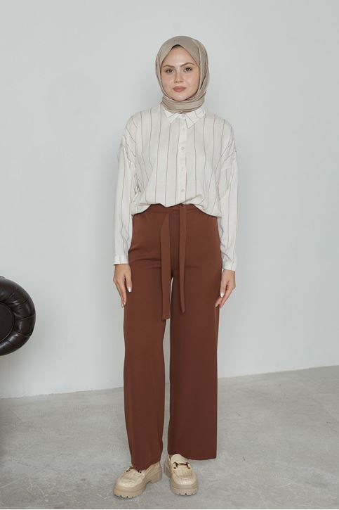 Kadın Beli Lastikli Bağlama Detaylı Geniş Paça Tesettür Pantolon-Kahve