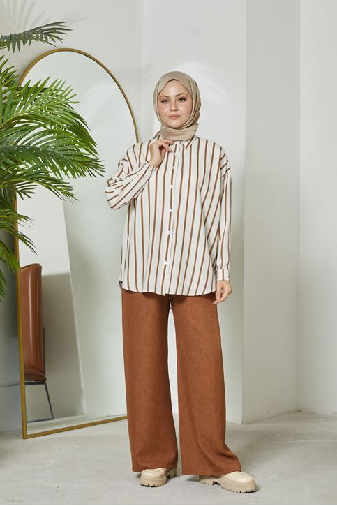 Kadın Geniş Paça Beli Lastikli Keten Tesettür Pantolon Taba