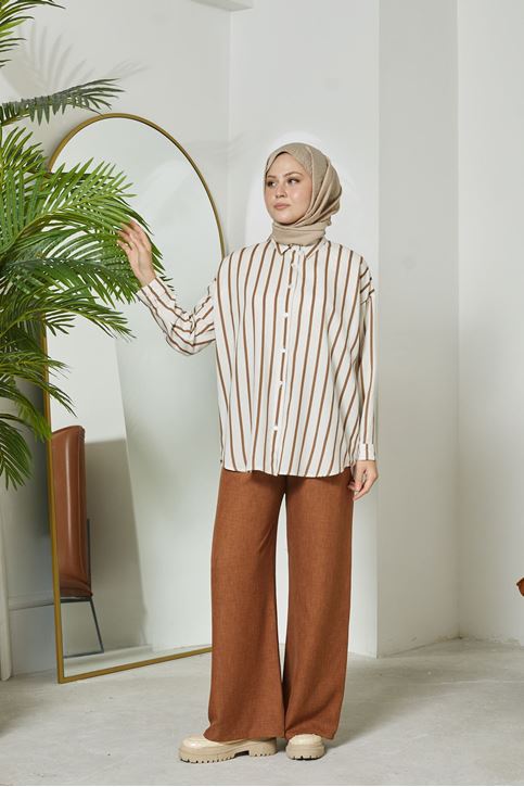 Kadın Geniş Paça Beli Lastikli Keten Tesettür Pantolon Taba