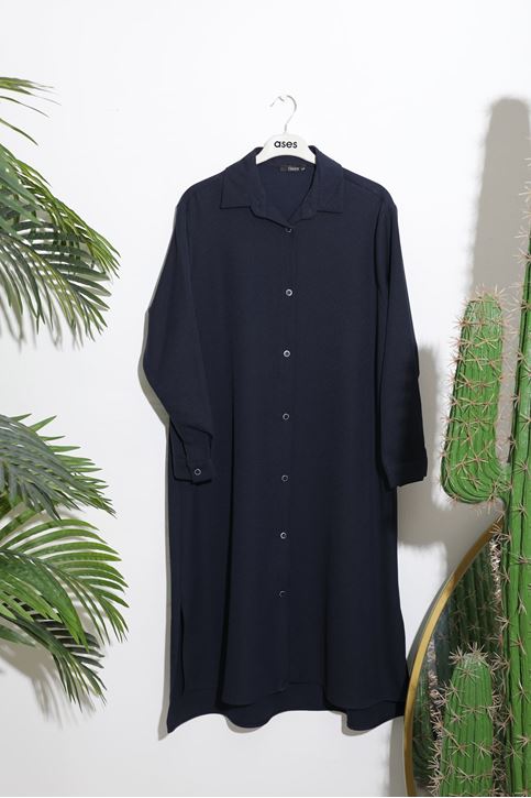 Kadın Düğme detaylı Gömlek Yaka Full Boydan Düğmeli Rahat Kalıp Uzun Tesettür Tunik-Lacivert