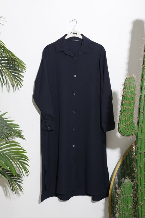 Kadın Düğme detaylı Gömlek Yaka Full Boydan Düğmeli Rahat Kalıp Uzun Tesettür Tunik-Lacivert