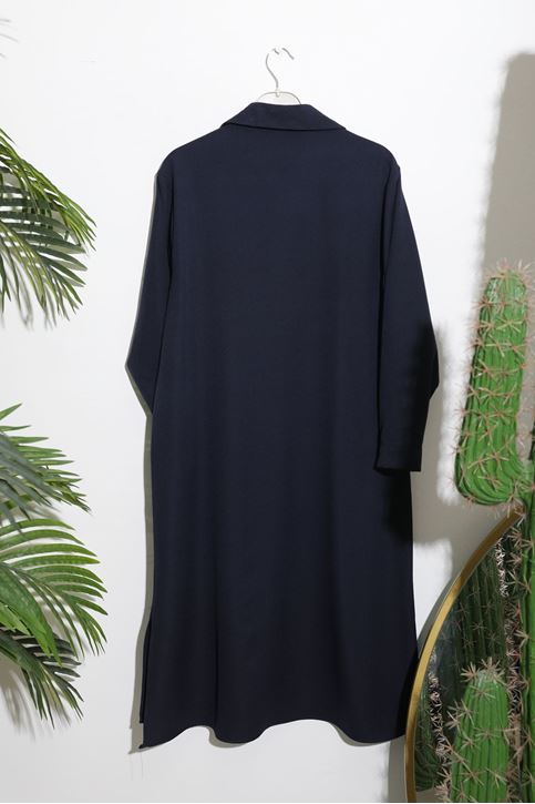 Kadın Düğme detaylı Gömlek Yaka Full Boydan Düğmeli Rahat Kalıp Uzun Tesettür Tunik-Lacivert