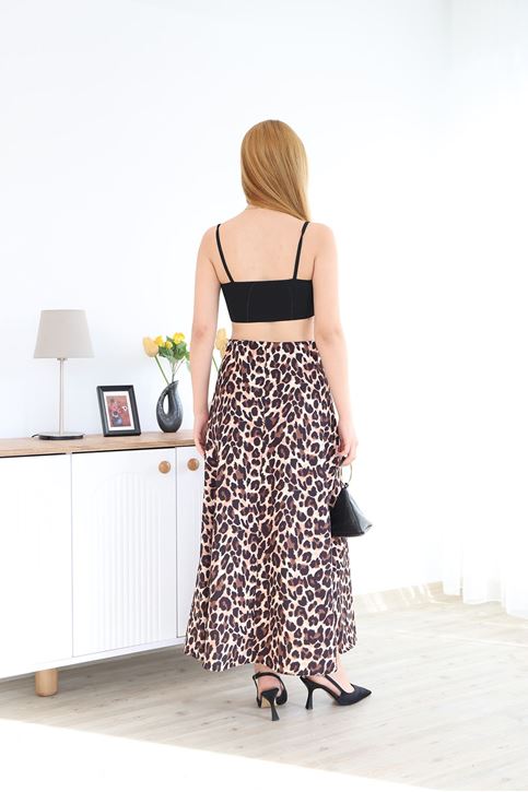 Kadın Beli Lastikli Leopar Desenli Etek-Karamel