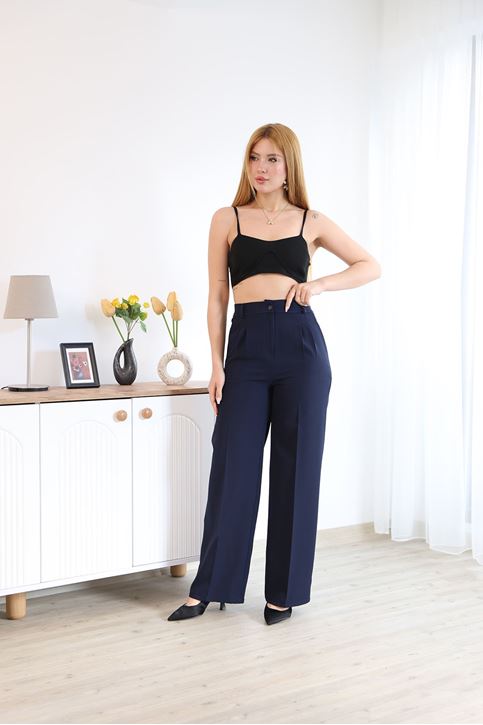 Kadın Ön Pile  Detay Bol Paça Palazzo Pantolon Lacivert
