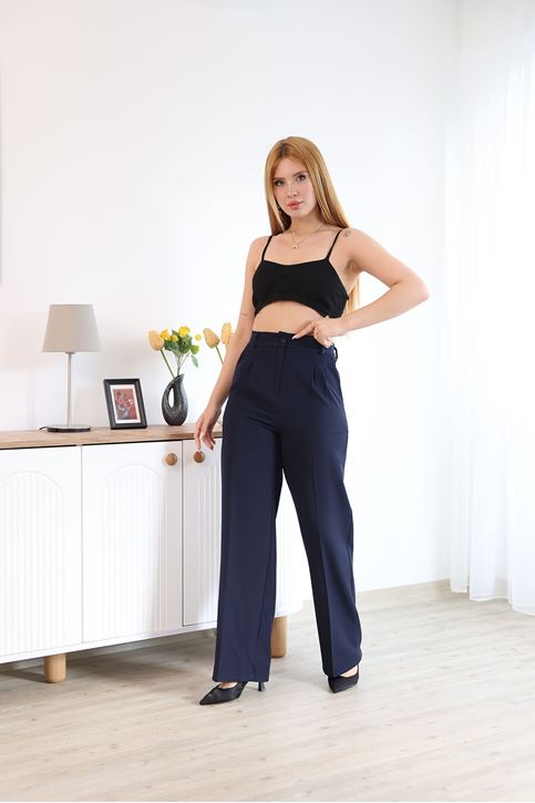 Kadın Ön Pile  Detay Bol Paça Palazzo Pantolon Lacivert