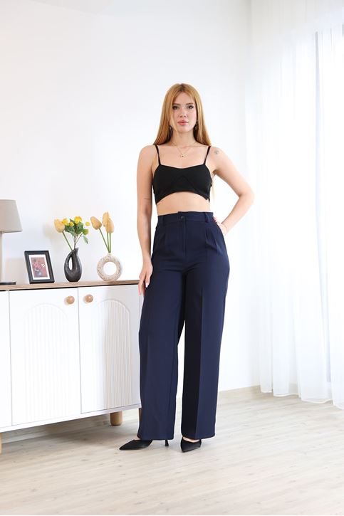 Kadın Ön Pile  Detay Bol Paça Palazzo Pantolon Lacivert