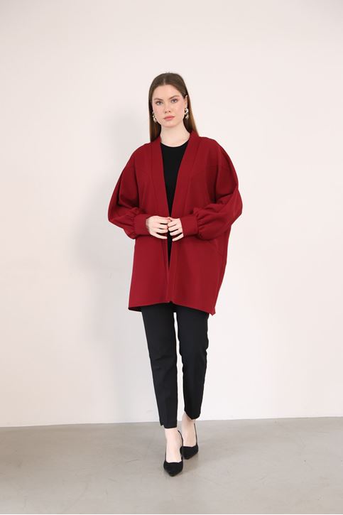 Kadın Şal Yaka Atlas Kumaş Git Çıkış Balon Kol Detaylı Manşetli Hırka Bordo