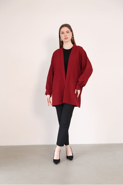 Kadın Şal Yaka Atlas Kumaş Git Çıkış Balon Kol Detaylı Manşetli Hırka Bordo