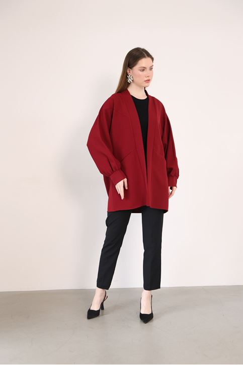Kadın Şal Yaka Atlas Kumaş Git Çıkış Balon Kol Detaylı Manşetli Hırka Bordo